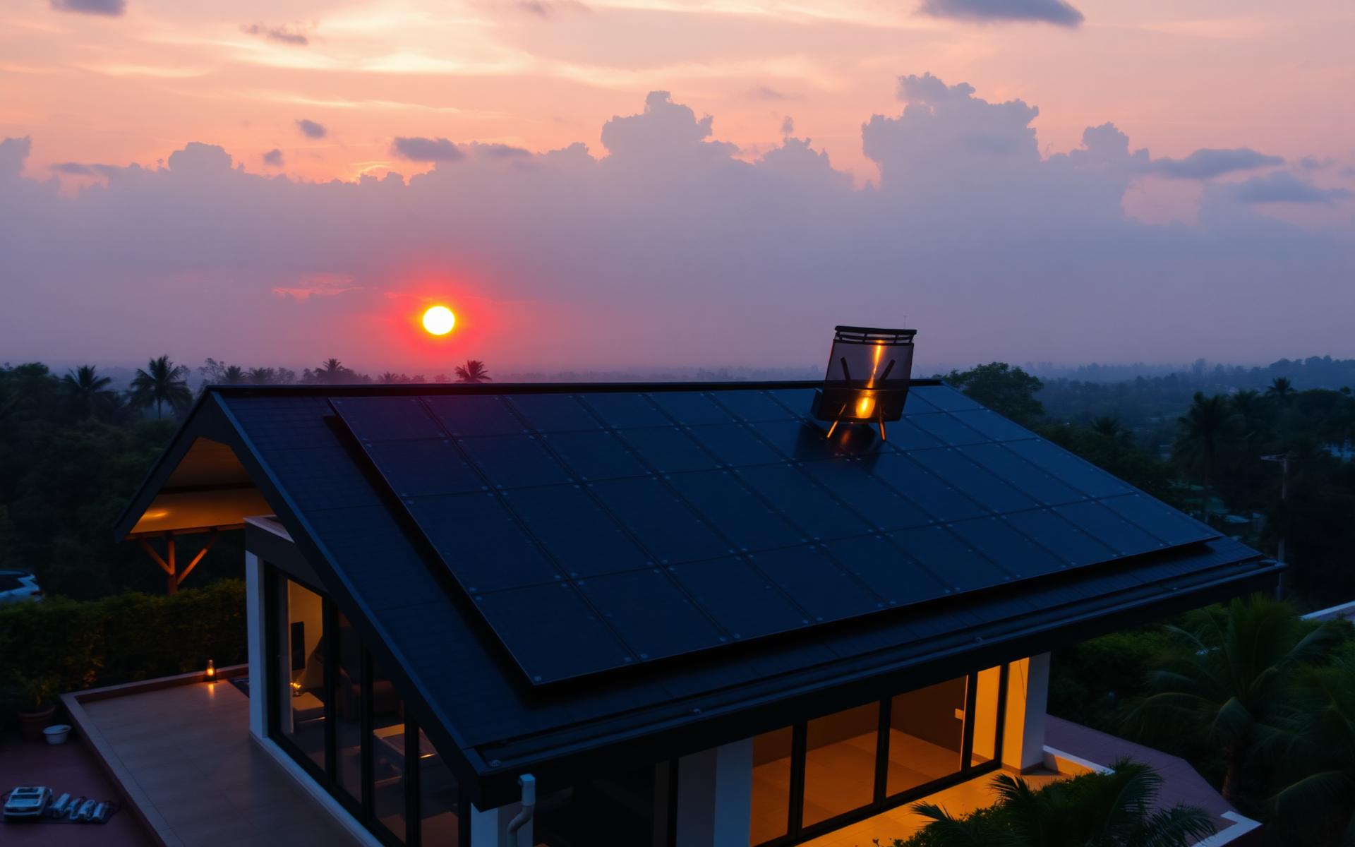 Modern home with solar panels at sunset